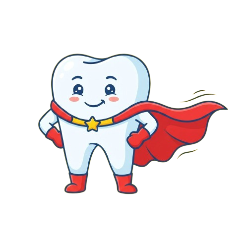 A smiling cartoon tooth wearing a red cape and blue belt with a star, standing like a superhero.