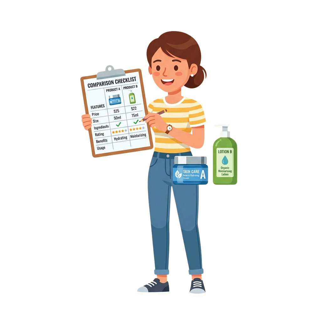 A woman holding a clipboard with a product comparison checklist for two lotions, smiling while carrying a skin care bag and a bottle of lotion.