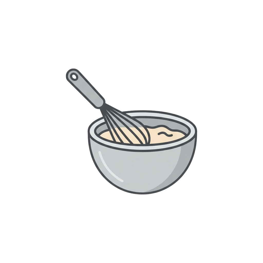 A white mixing bowl with a whisk inside containing a light-colored mixture