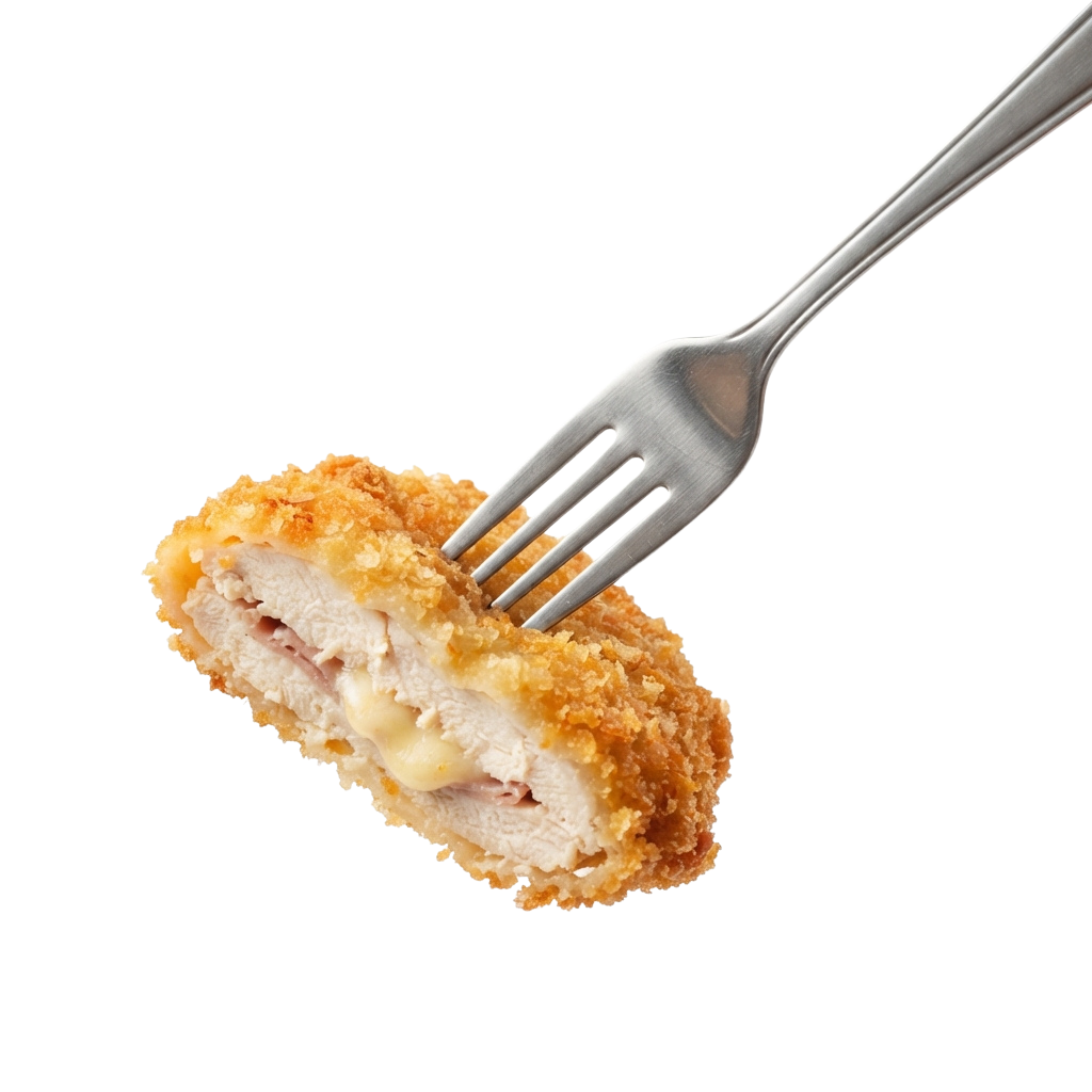 A golden-brown fried chicken piece on a fork against a black background