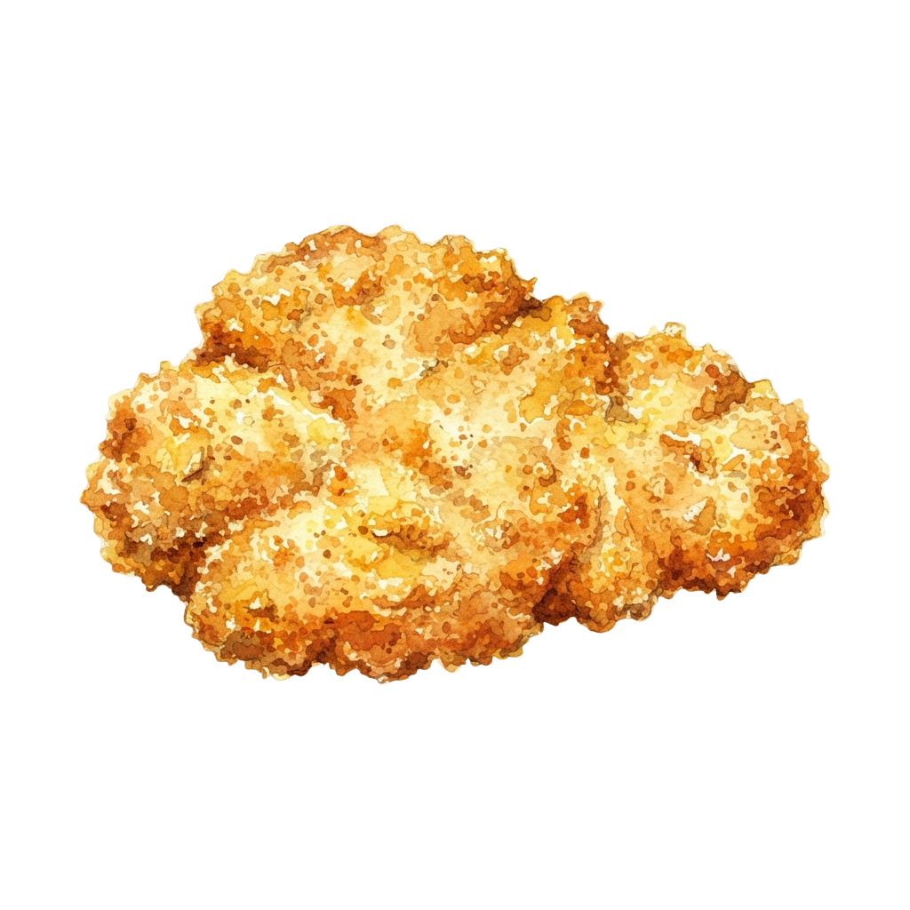 Close-up of a golden-brown fried food cluster with a crispy, bubbly texture