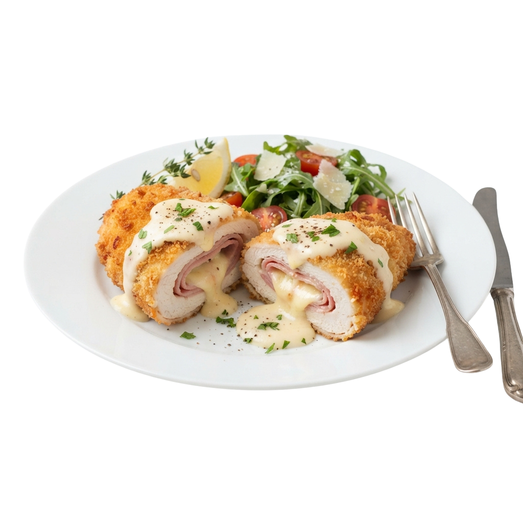 A plate with two golden-brown breaded chicken cordon bleu pieces topped with cheese sauce and ham, served with a fresh salad and utensils.