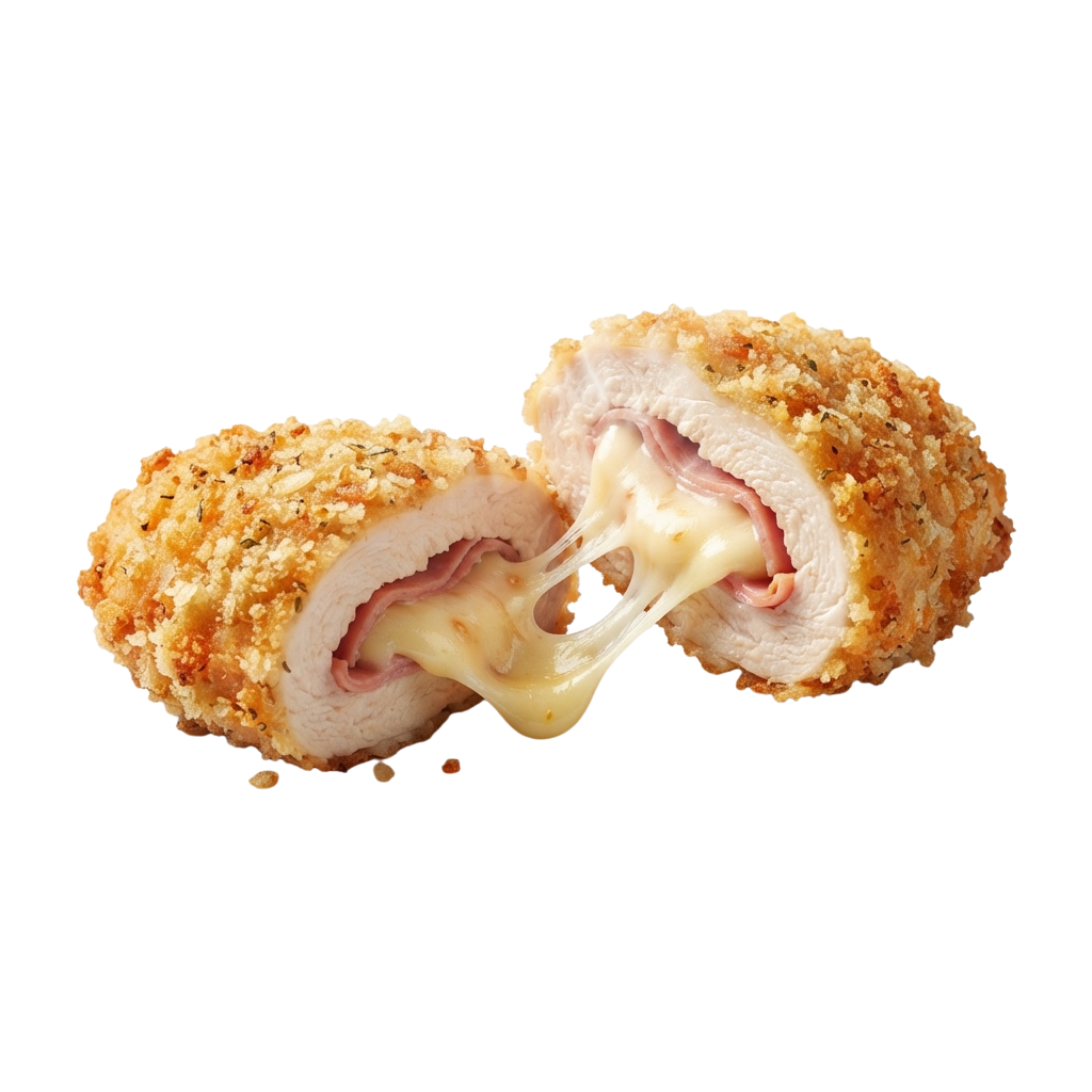 Two golden-brown breaded chicken bites cut open revealing melted cheese inside