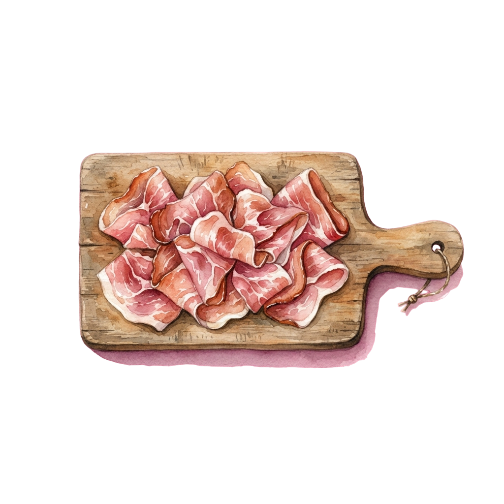 Illustration of thinly sliced prosciutto arranged on a wooden cutting board with a handle