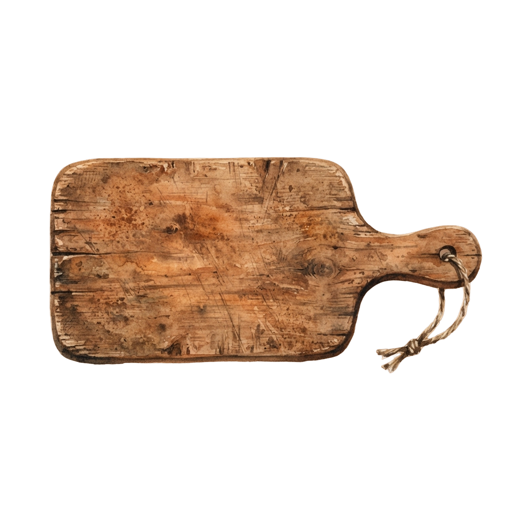 A rustic wooden cheese board with a natural handle and twine loop against a black background