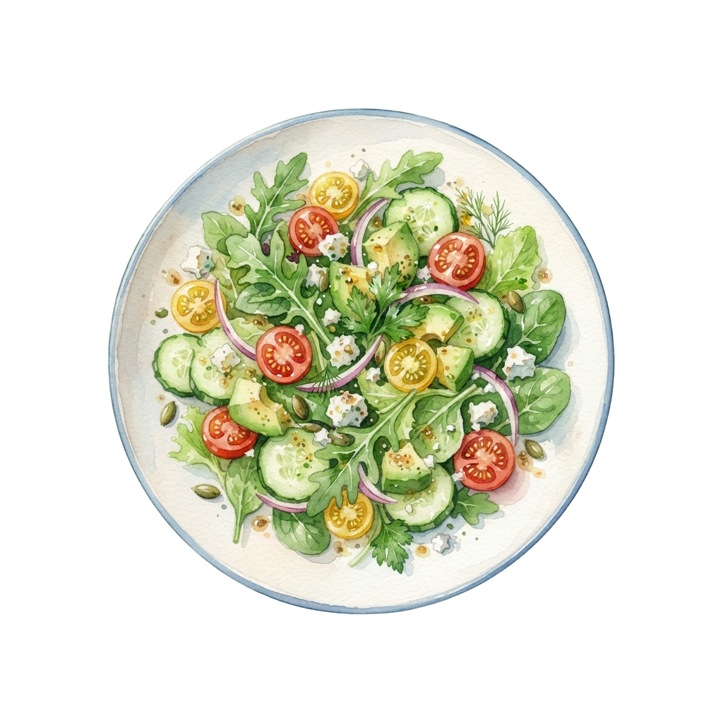 A colorful salad with cucumbers, tomatoes, yellow peppers, red onions, greens, and seeds on a white plate