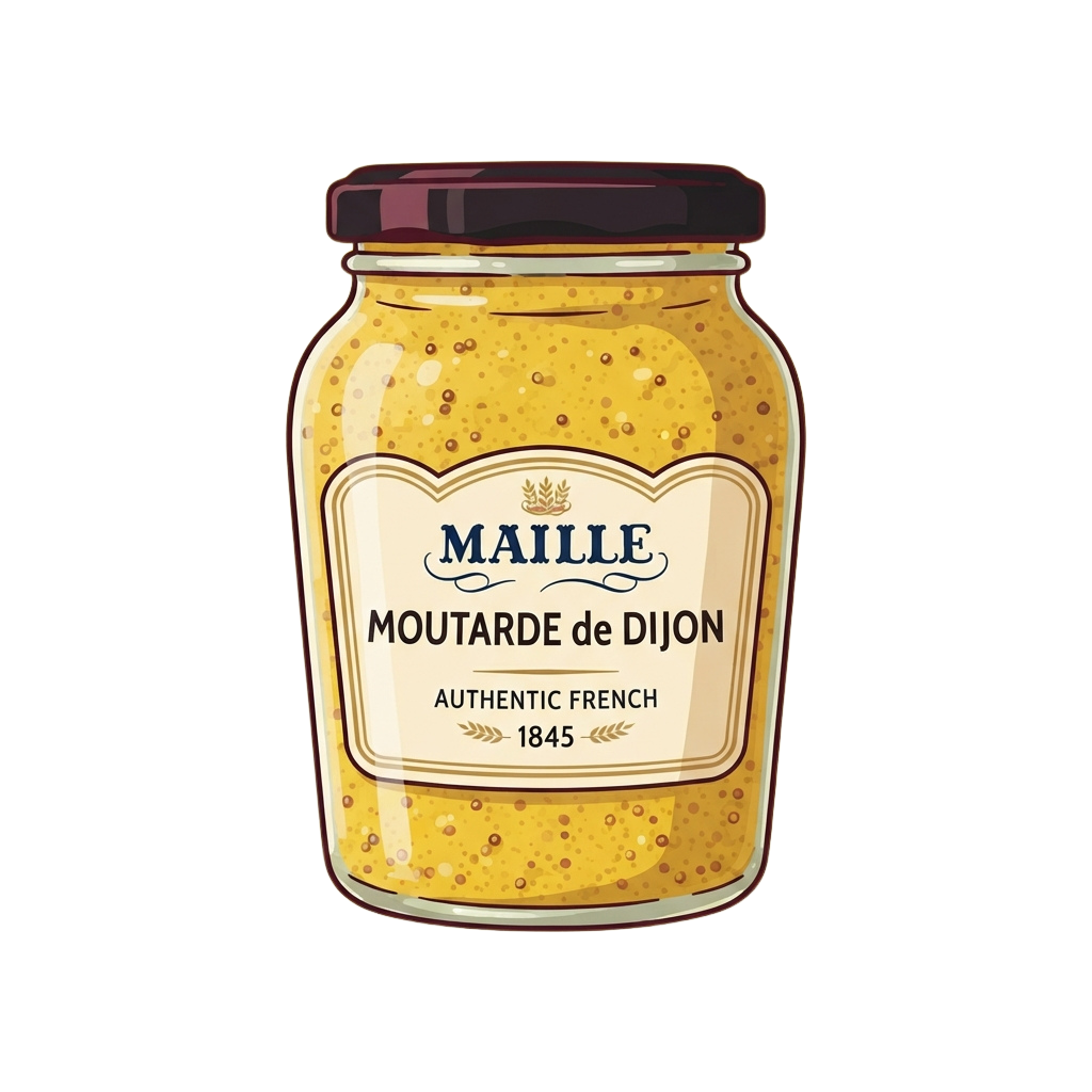 Illustration of a jar of Dijon mustard with a label reading Maille Moutarde de Dijon and Authentic French 1845