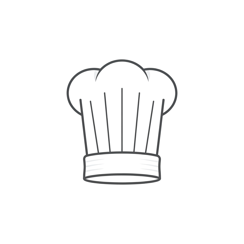 A simple line drawing of a traditional chef hat with a flat brim and pleated top.