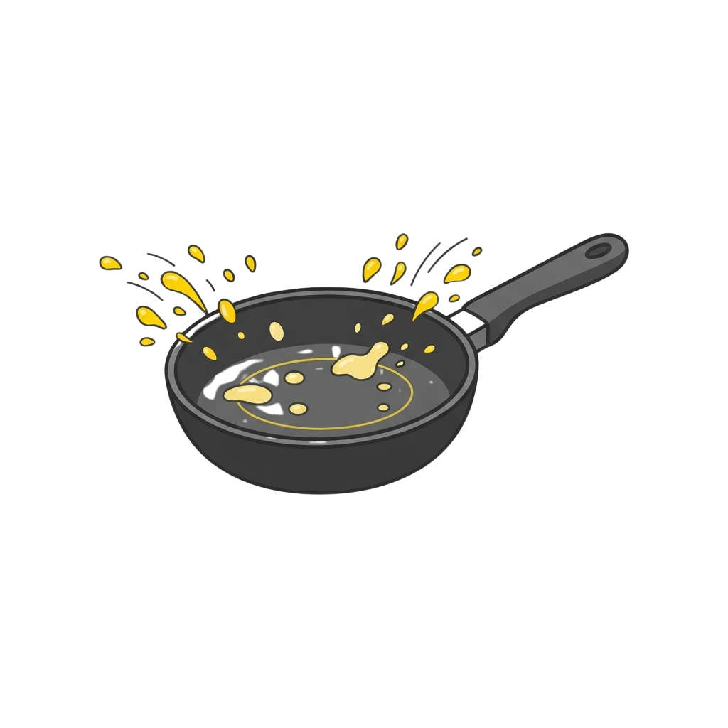 A black frying pan with hot oil splattering and bubbling inside, emitting yellow droplets around it