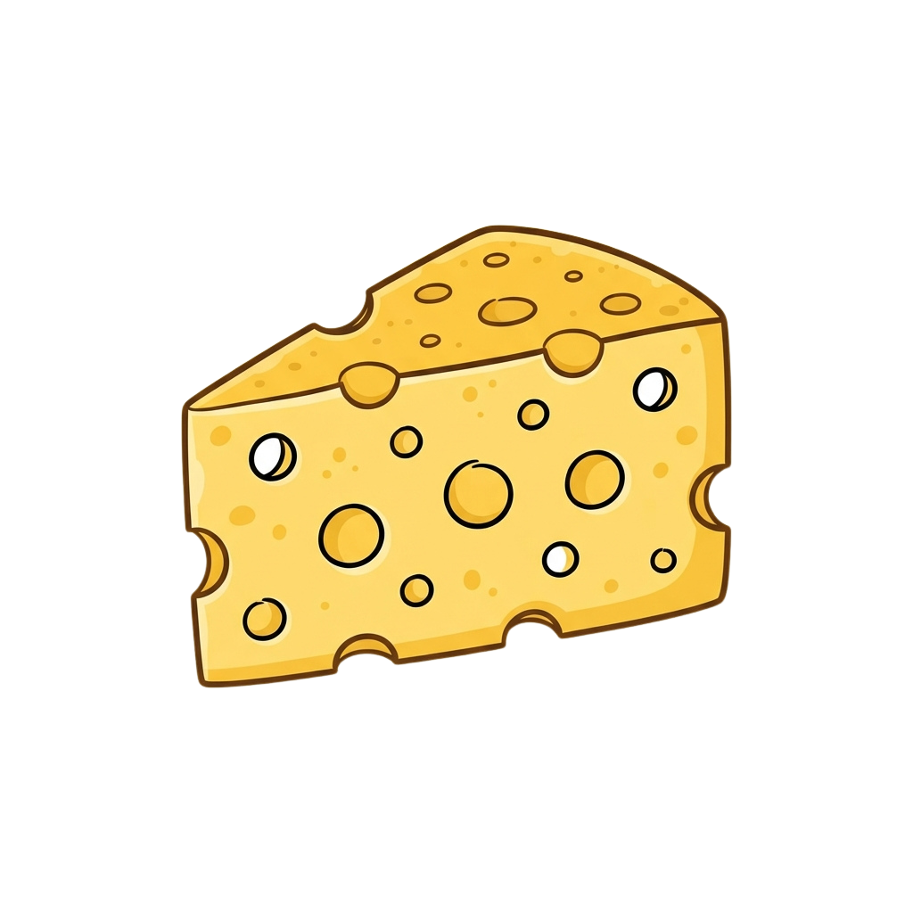 Illustration of a bright yellow cheese slice with round holes against a black background