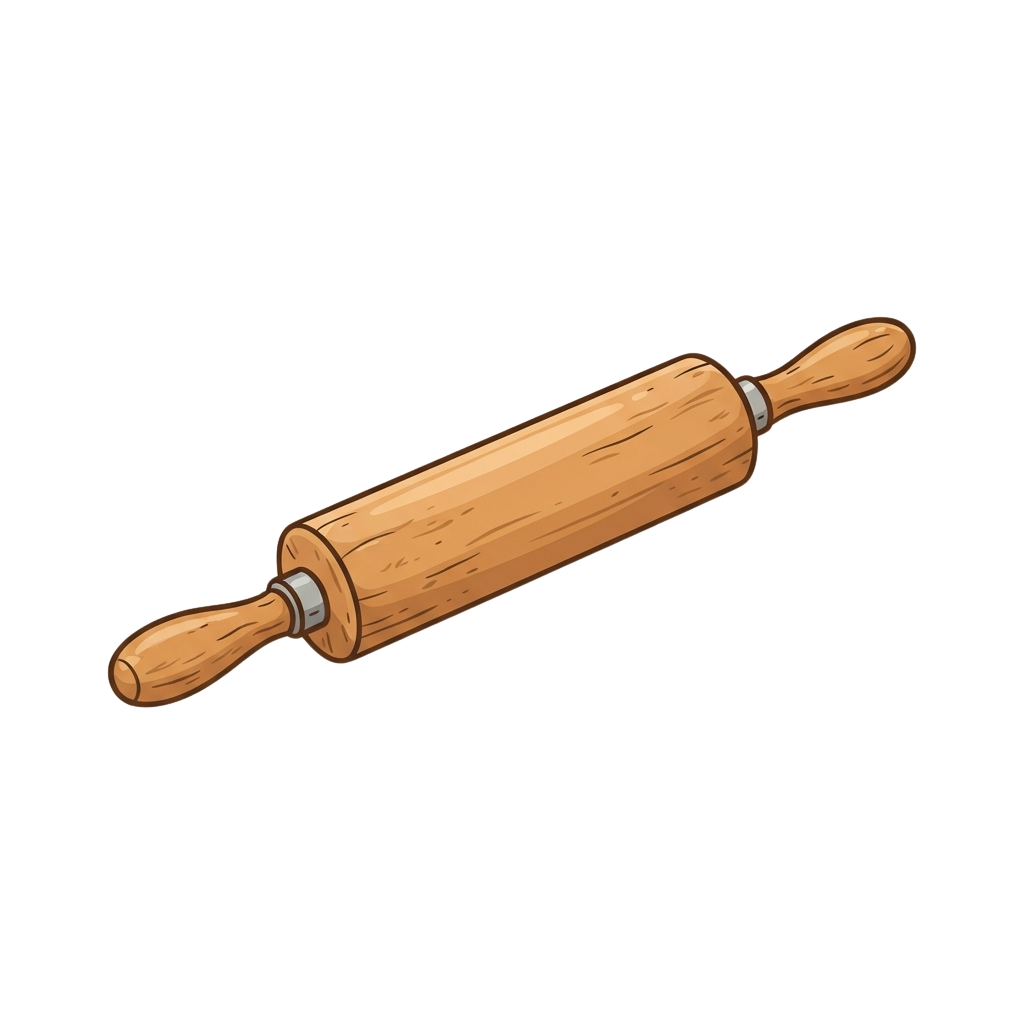 A wooden rolling pin with two rounded handles for rolling dough