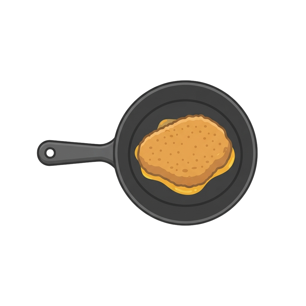 A golden-brown pancake cooking in a dark skillet on a stovetop