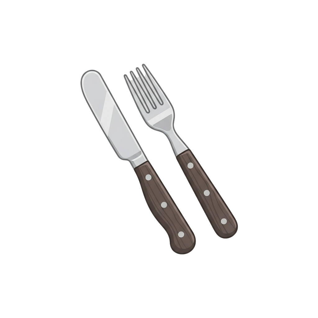 A knife and fork with wooden handles placed side by side on a dark background