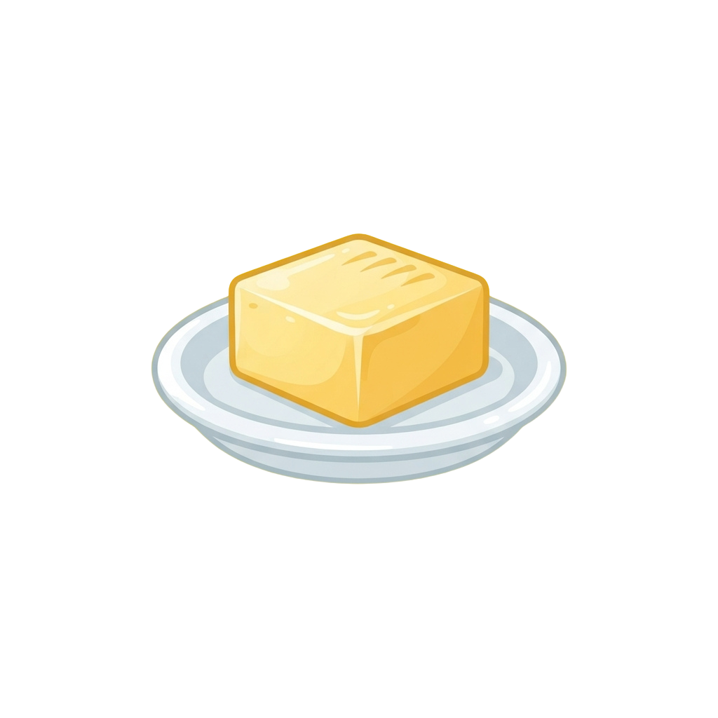 A single cube of butter placed on a light gray plate