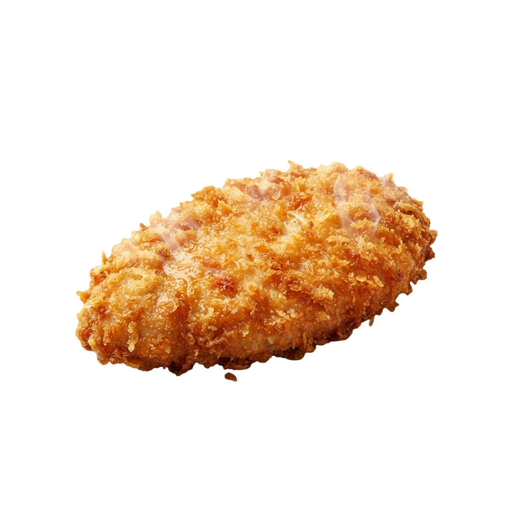 A close-up of a single golden-brown fried chicken bite with a crispy texture.