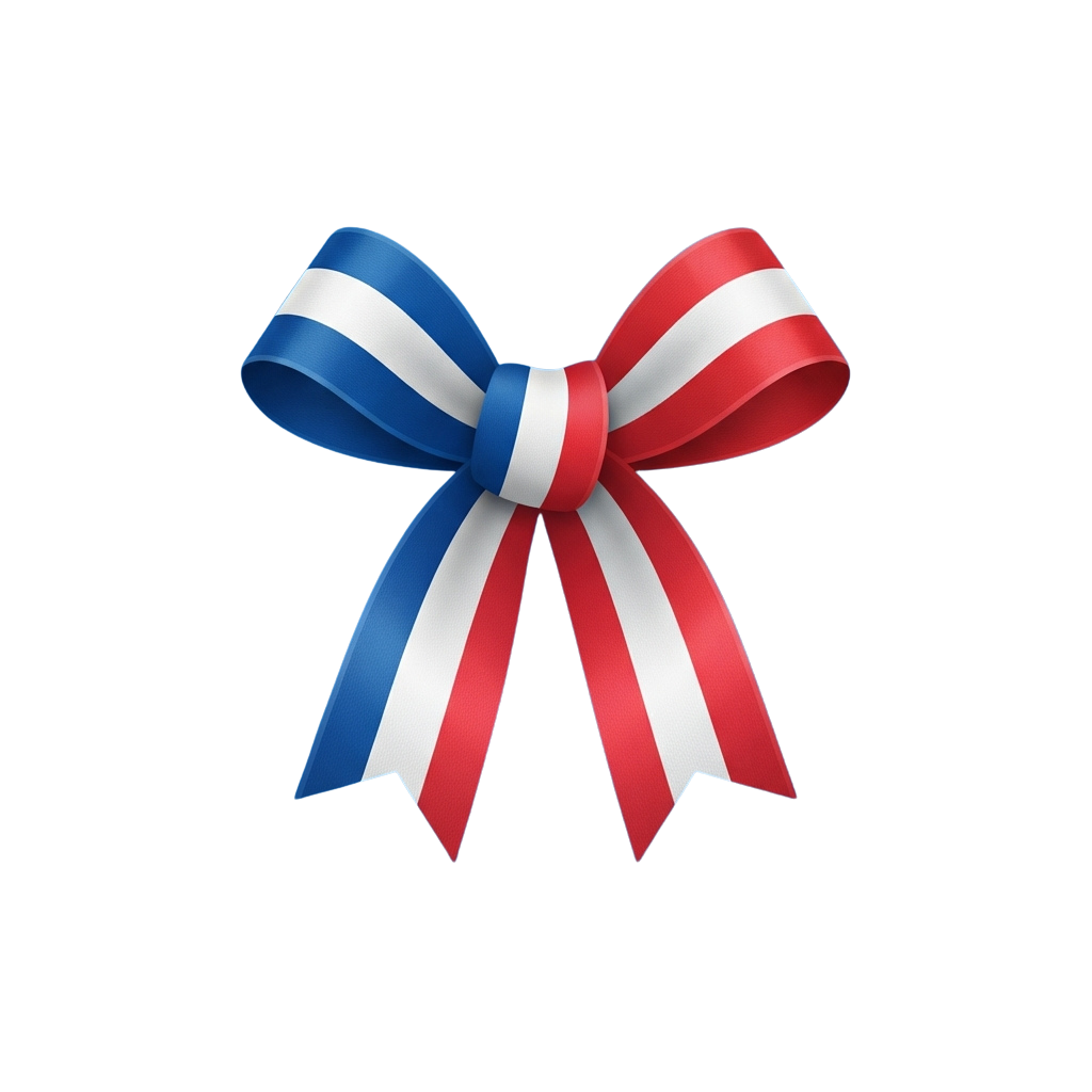 A 3D bow made of blue, white, and red horizontal stripes resembling the French flag