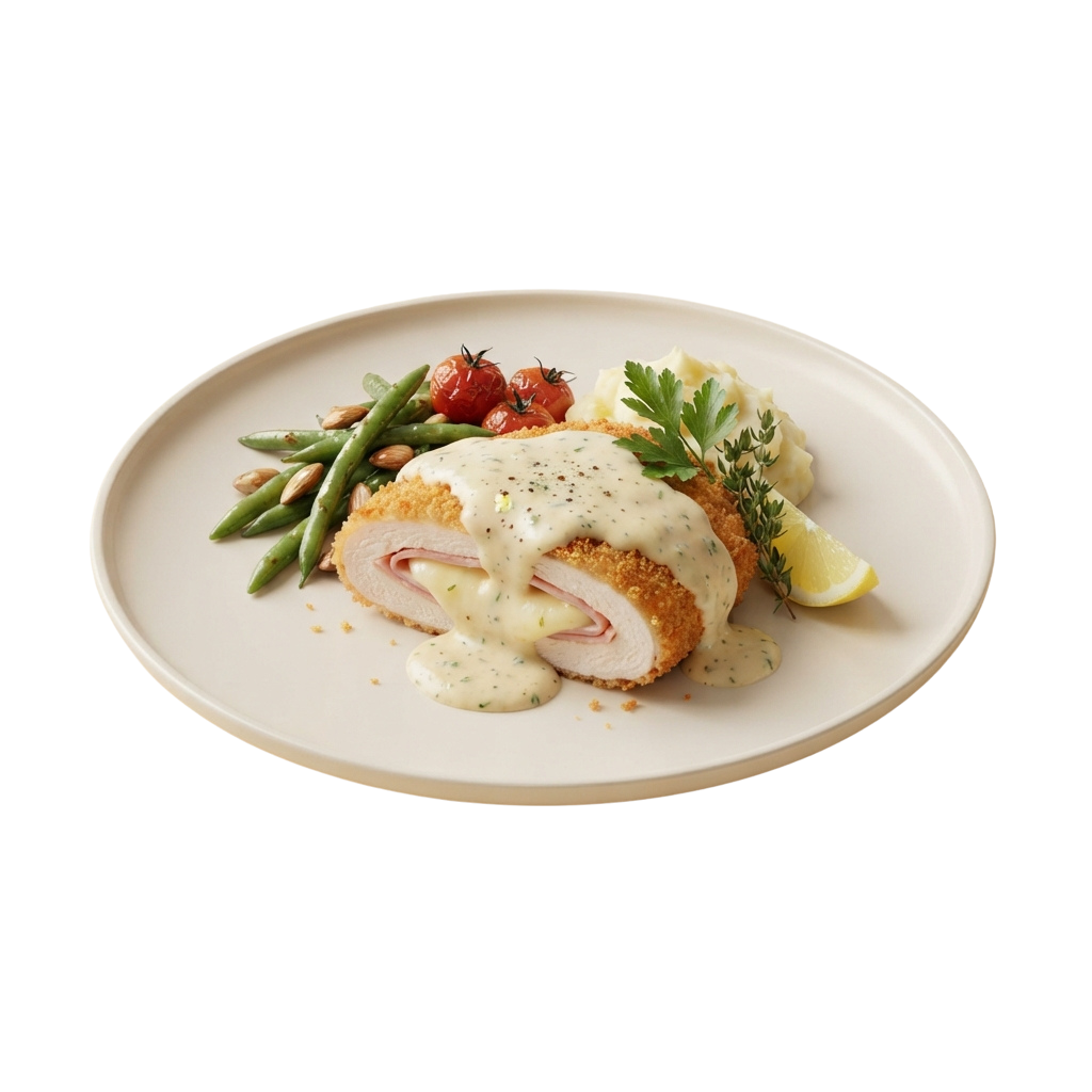 A plated dish featuring breaded chicken cordon bleu with green beans, roasted tomatoes, and creamy potatoes garnished with herbs