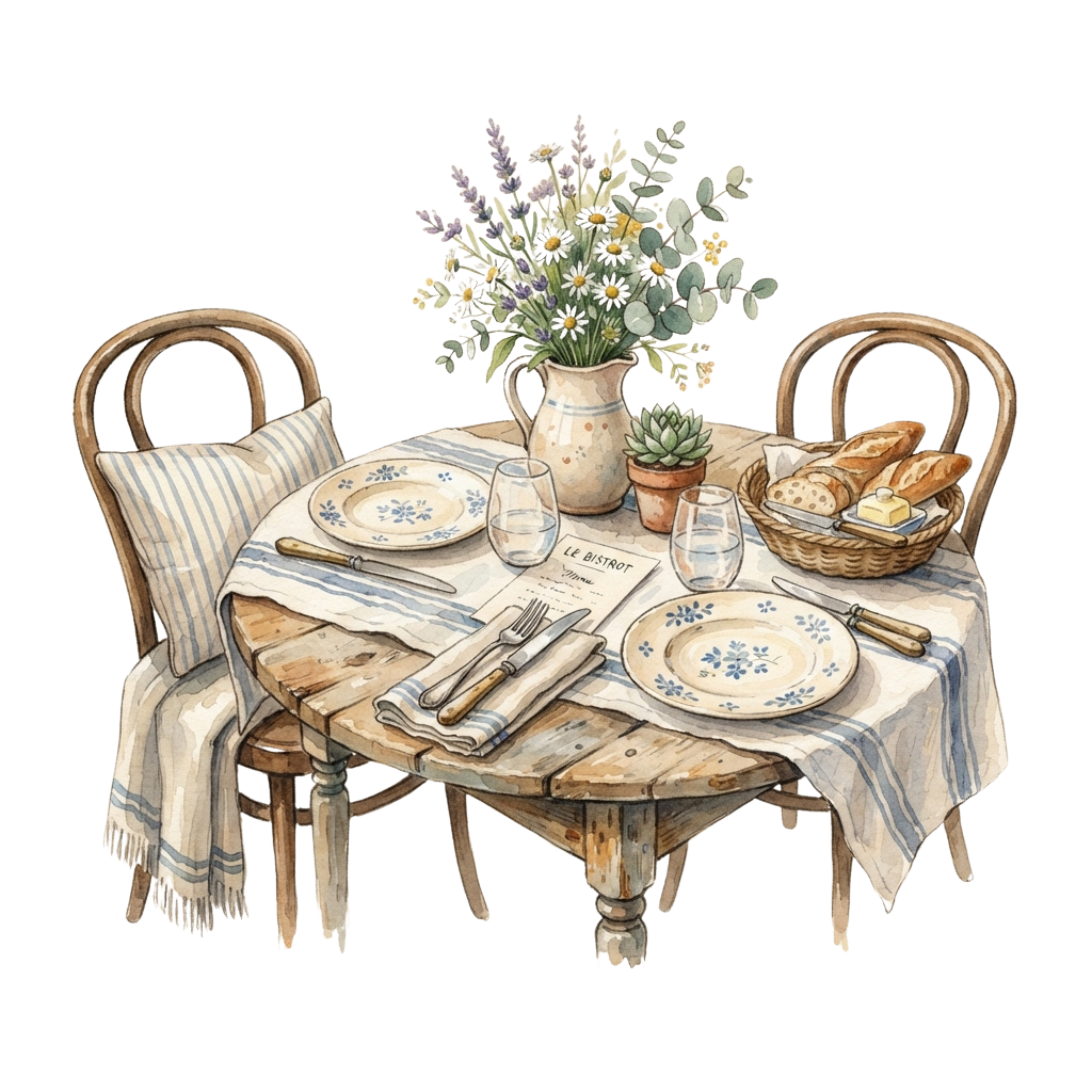 A cozy dining table set with two place settings, striped tablecloth, fresh flowers, bread basket, and decorative items.