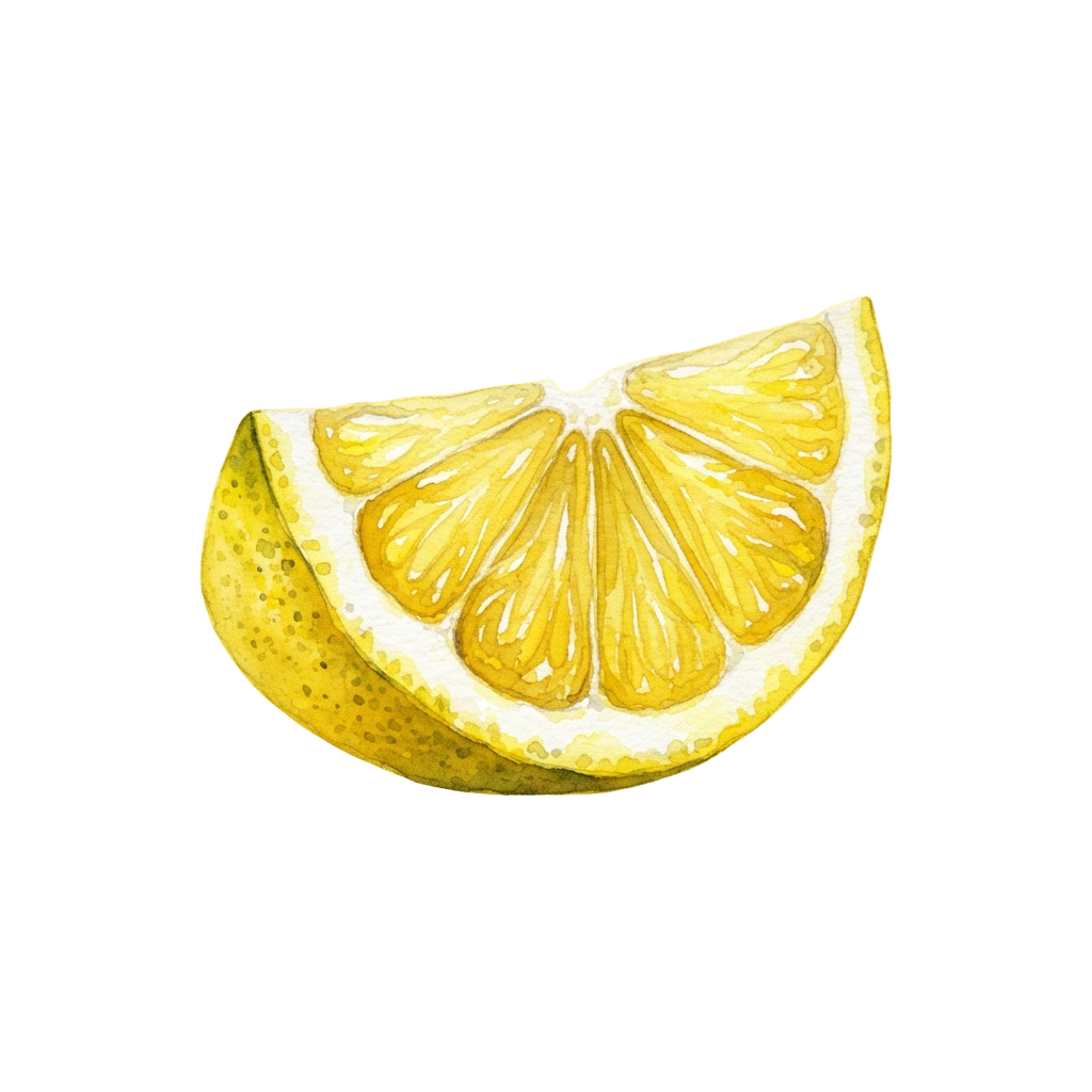 A watercolor-style illustration of a lemon wedge showing bright yellow segments and white pith against a black background