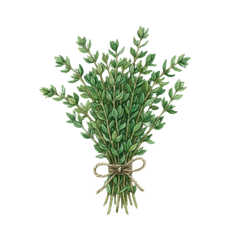 Bundle of fresh thyme leaves tied together with twine