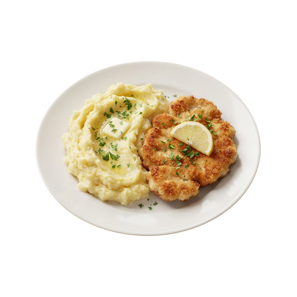 A plate featuring a golden fried cutlet with lemon slice and parsley, served with creamy mashed potatoes topped with butter and parsley