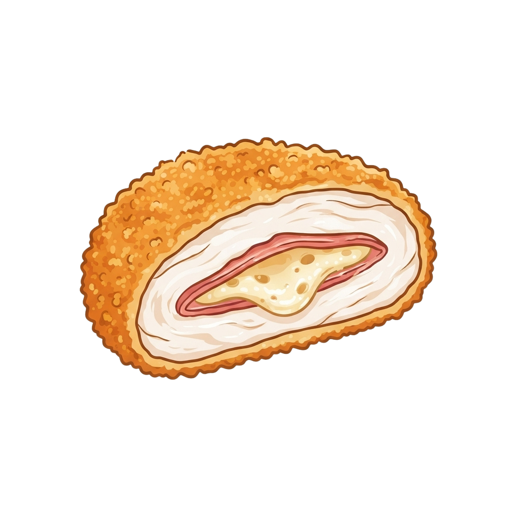 A baked pastry with golden crust and visible meat filling inside, shown in cross section