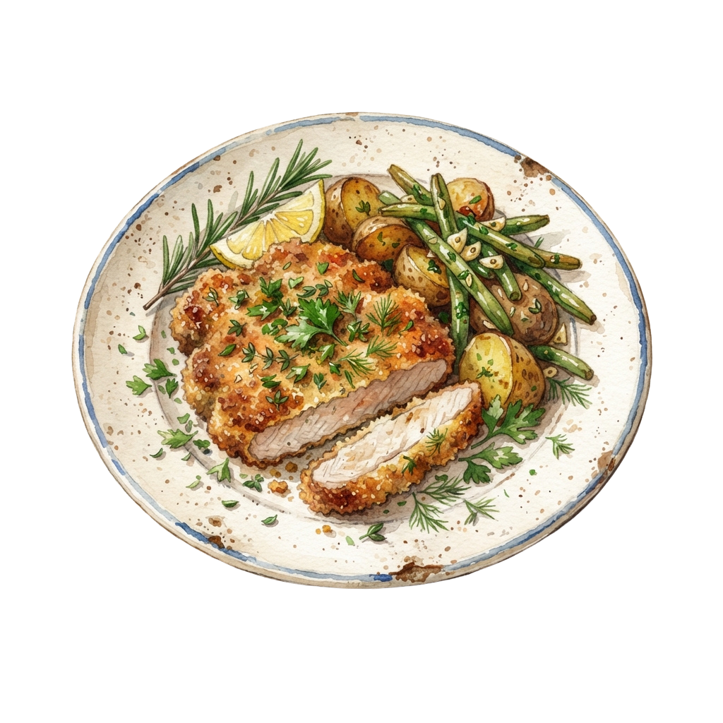 A plate of baked chicken with green beans, roasted potatoes, lemon, and herbs garnish