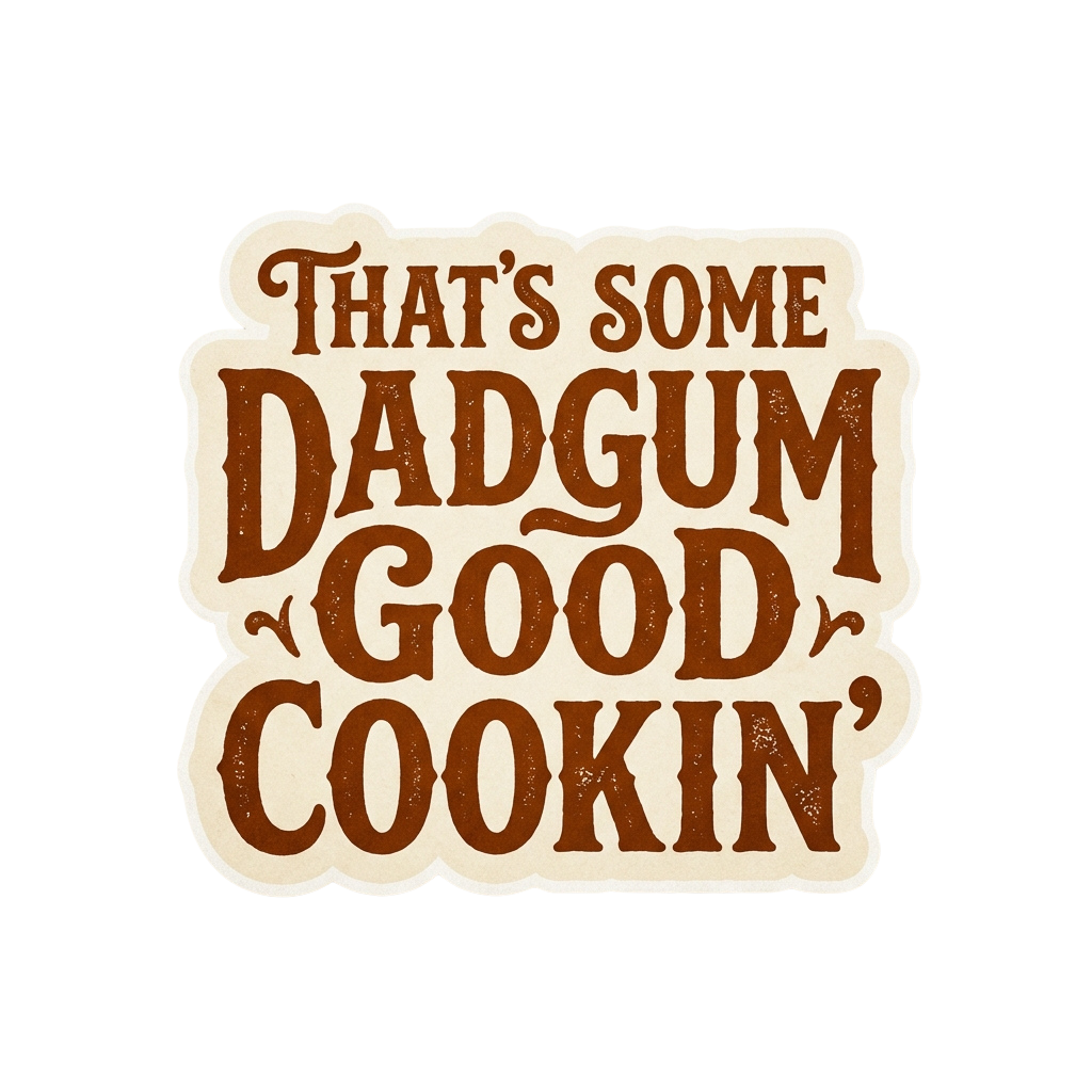 Vintage sticker with text reading That's some dadgum good cookin