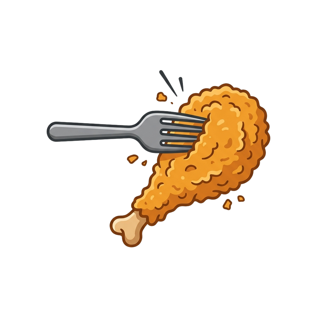 A cartoon fork holding a piece of golden fried chicken with crumbs flying off