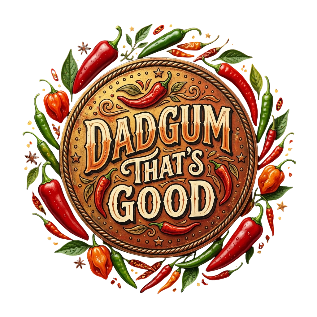 Illustrated sign with text Dadgum thats good surrounded by colorful peppers and leaves