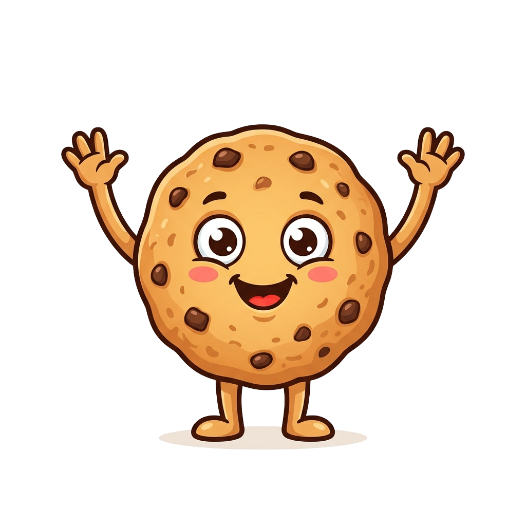 A cheerful cartoon cookie with chocolate chips raising both arms and smiling