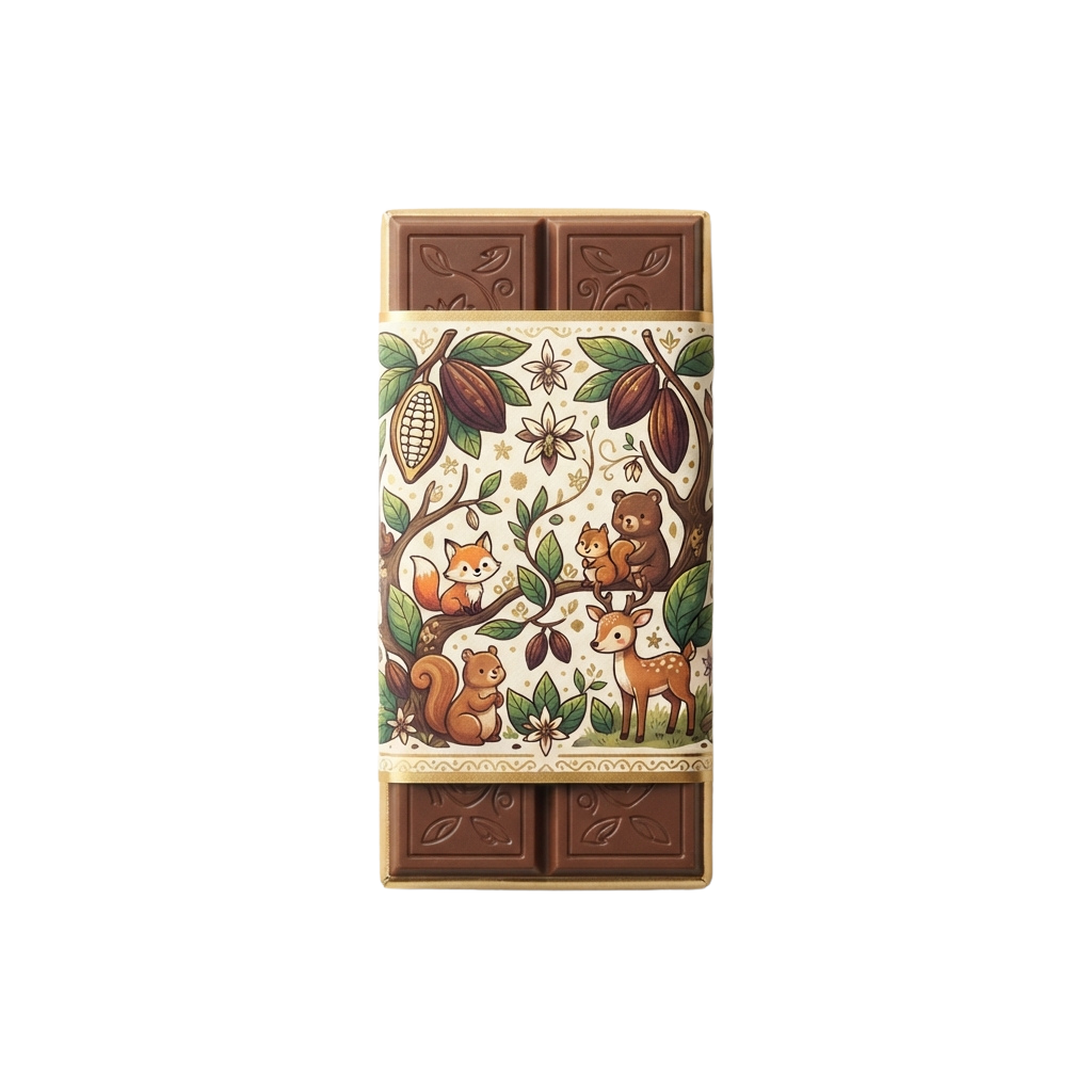 Chocolate bar wrapper featuring forest animals, cocoa pods, and leaves on a light background with decorative borders.
