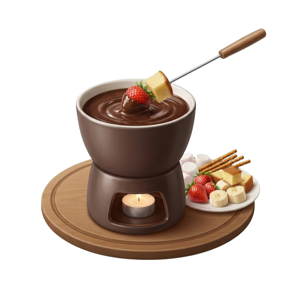 A chocolate fondue pot with skewered fruit and a side plate of strawberries, marshmallows, and breadsticks