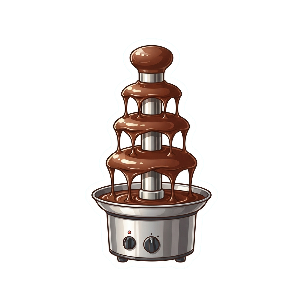 A stylized illustration of a multi-tiered chocolate fountain with flowing melted chocolate and a heating base.