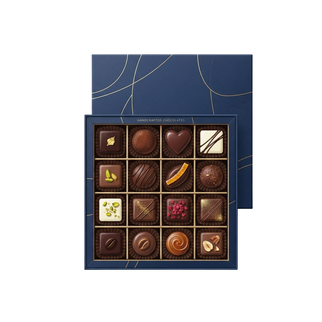 A box of twelve handcrafted chocolate truffles with various fillings and shapes.