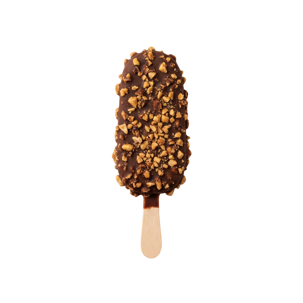 Ice cream bar with chocolate coating and peanut popcorn topping on a stick