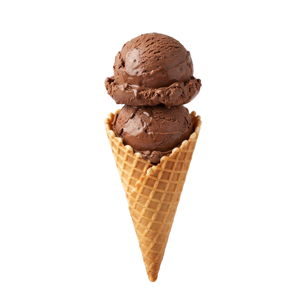 Two scoops of rich chocolate ice cream in a waffle cone
