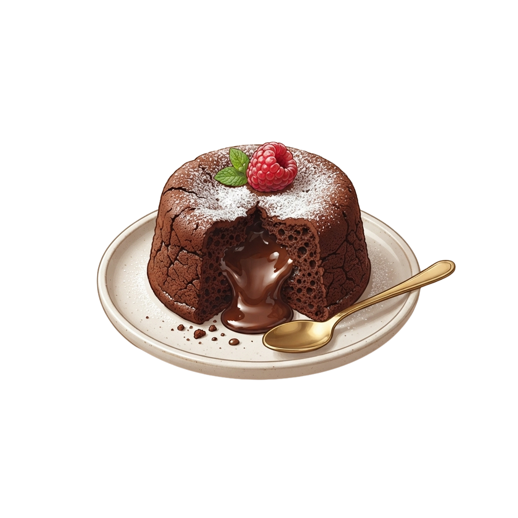 A slice missing chocolate bundt cake dusted with powdered sugar, topped with raspberries and mint, on a white plate with a spoon.