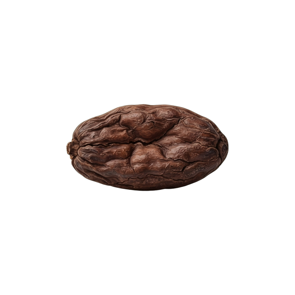 A whole walnut with a wrinkled, brown shell shown against a black background