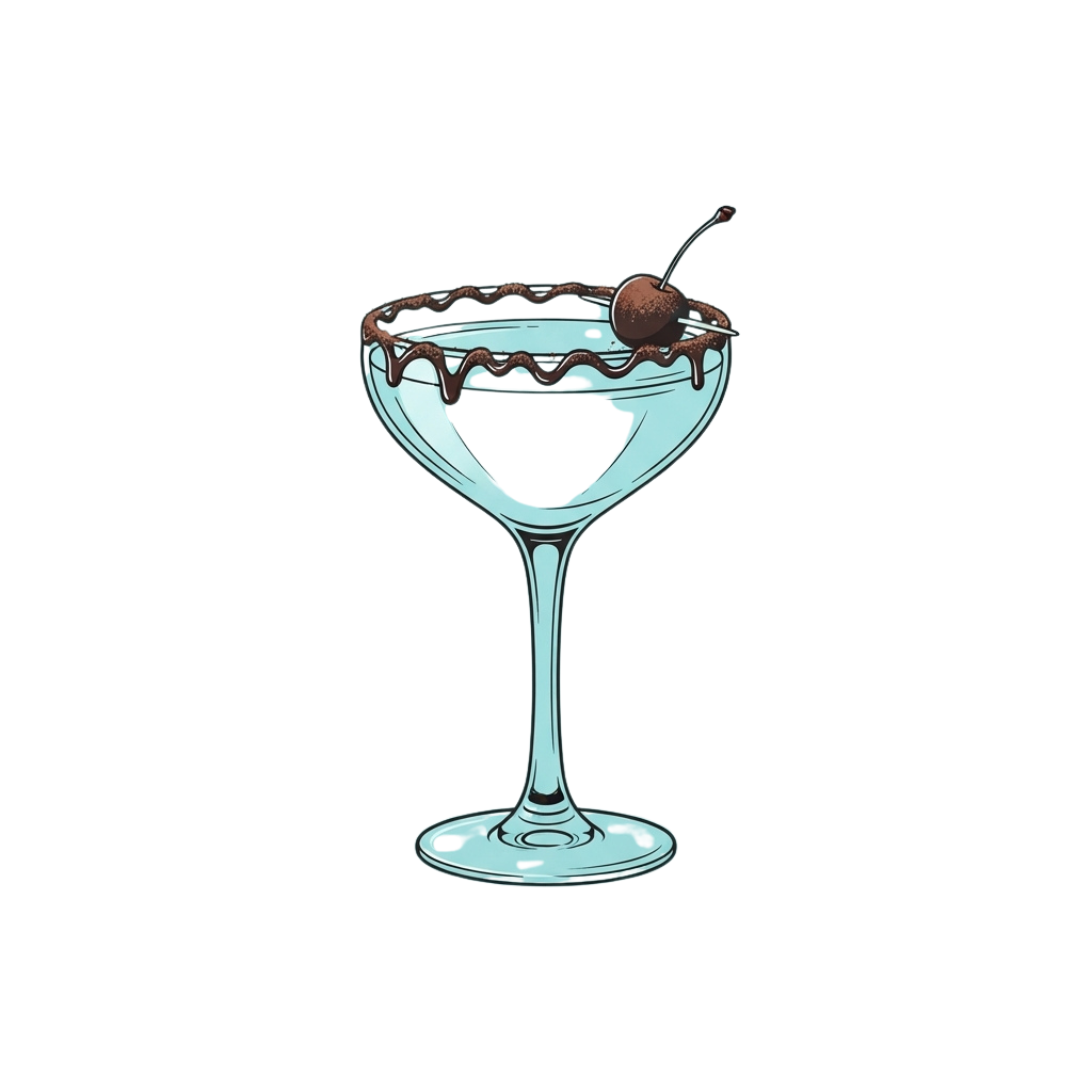 A martini glass filled with a light blue liquid, topped with chocolate sauce drizzle and a cherry on a skewer.