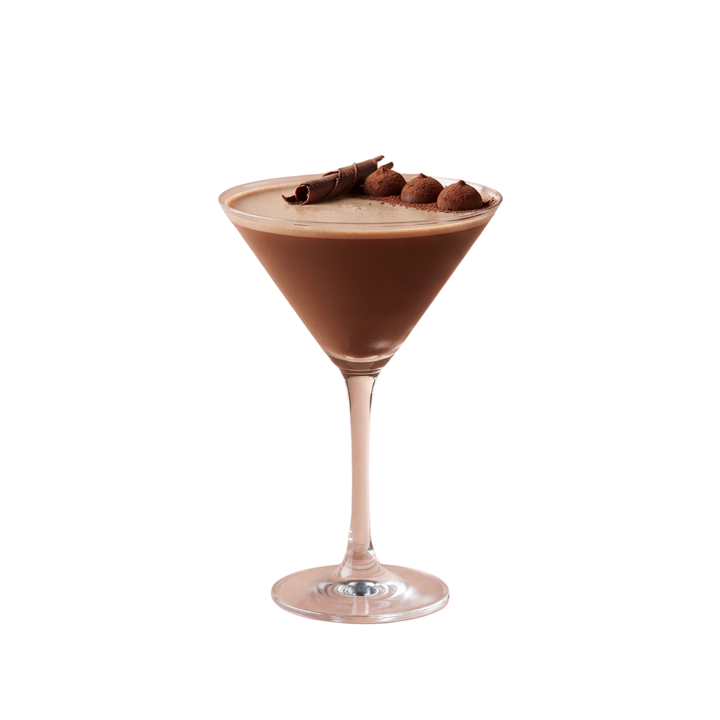A martini glass filled with a creamy chocolate drink topped with chocolate shavings and nuts