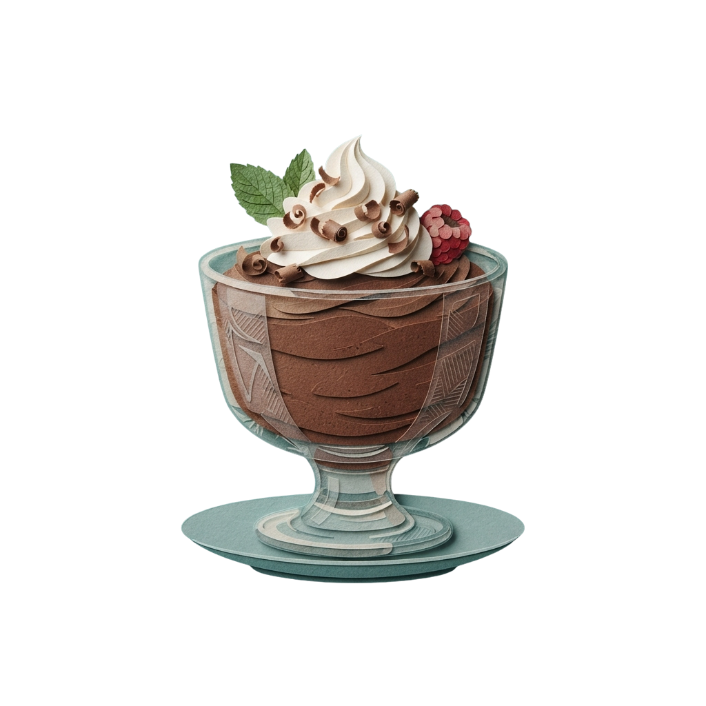 A glass cup filled with chocolate mousse topped with whipped cream, chocolate shavings, and a red flower garnish on a saucer