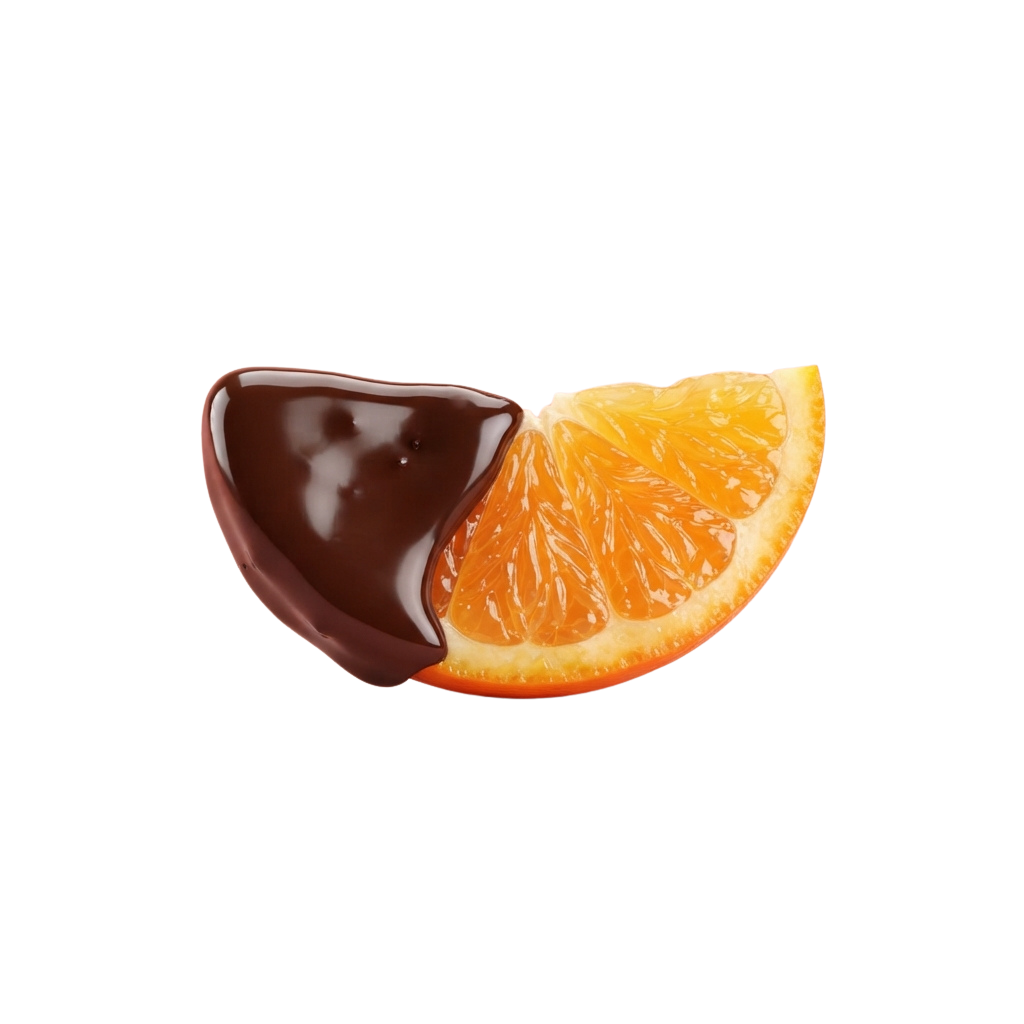 A slice of orange dipped in dark chocolate against a black background