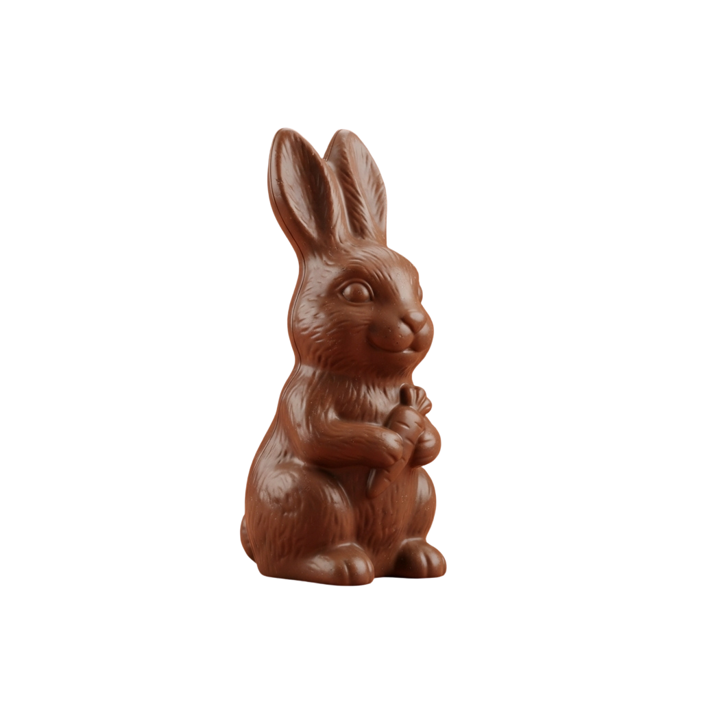 A brown chocolate rabbit figurine sitting upright and holding a carrot