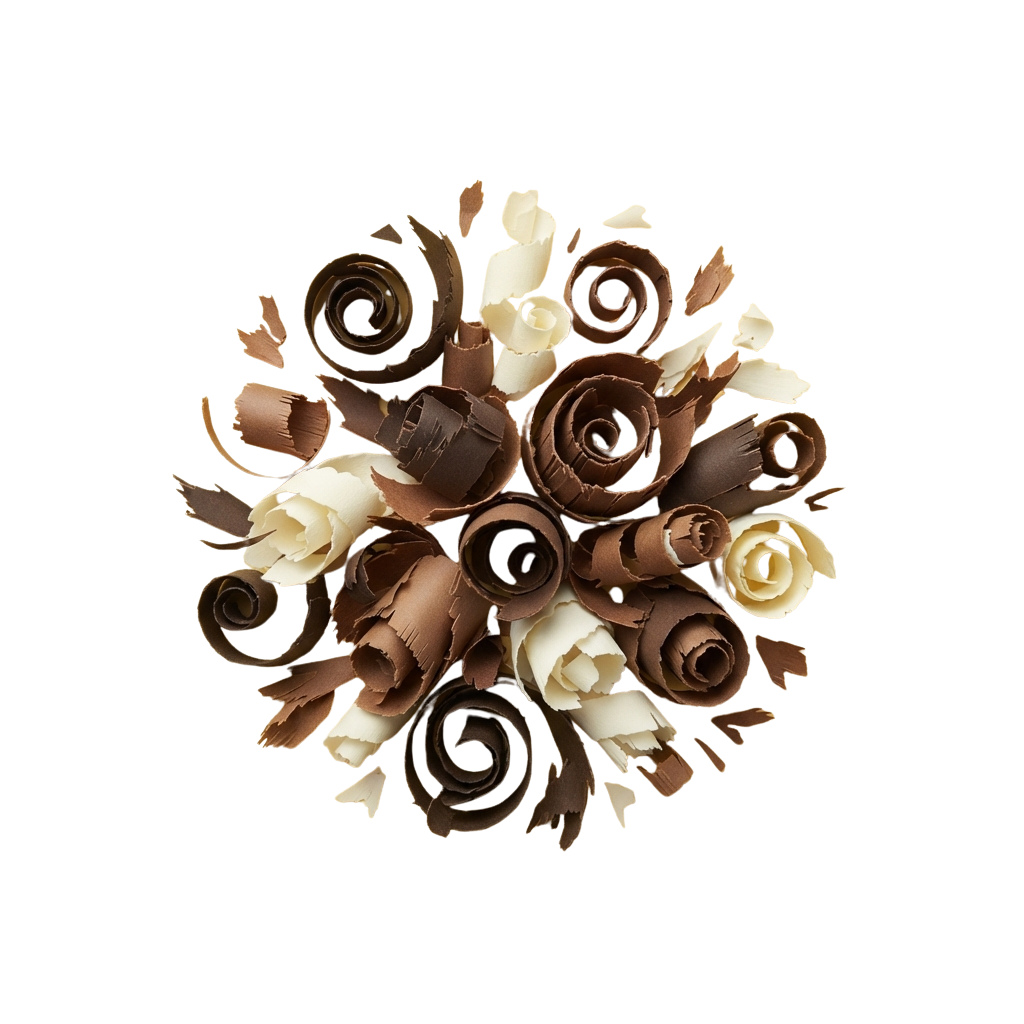 A cluster of chocolate rose petals in white and dark brown tones arranged artistically on a black background