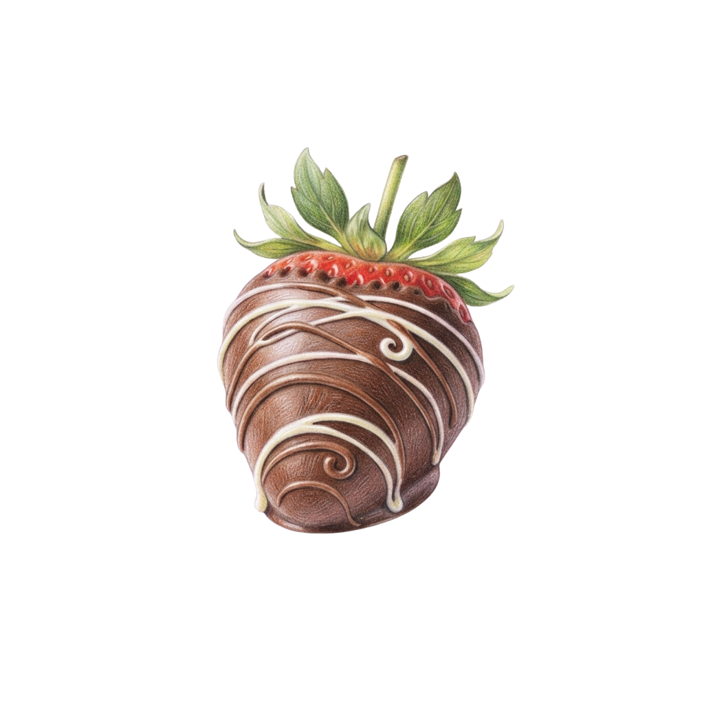 A chocolate-dipped strawberry with a green leaf on top against a black background