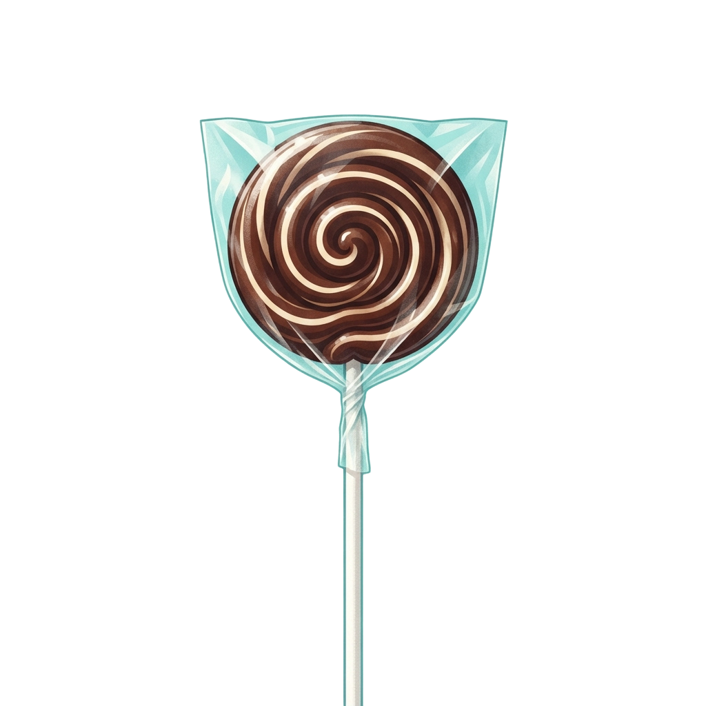 Illustration of a lollipop with a spiral chocolate swirl on a light stick against a black background