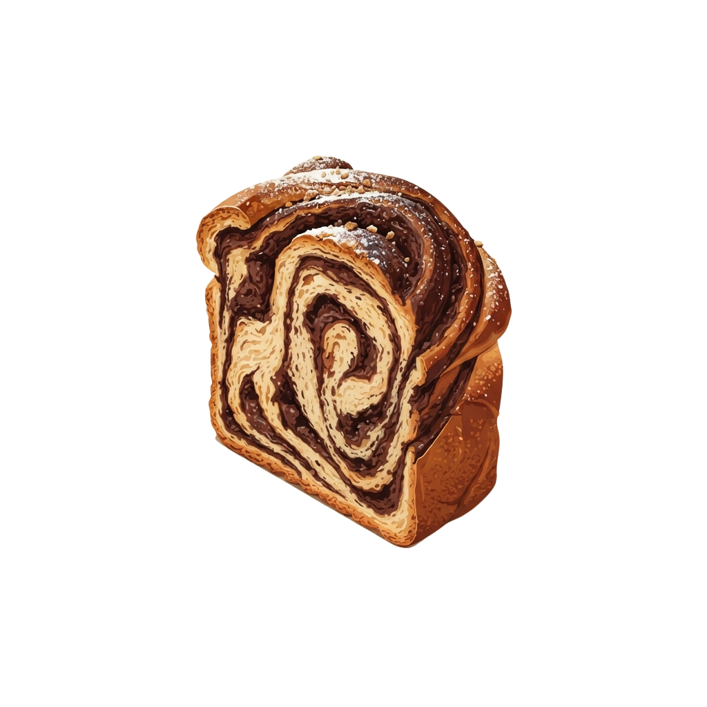 Close-up of a sliced caramel swirl pastry with golden-brown crust and visible filling