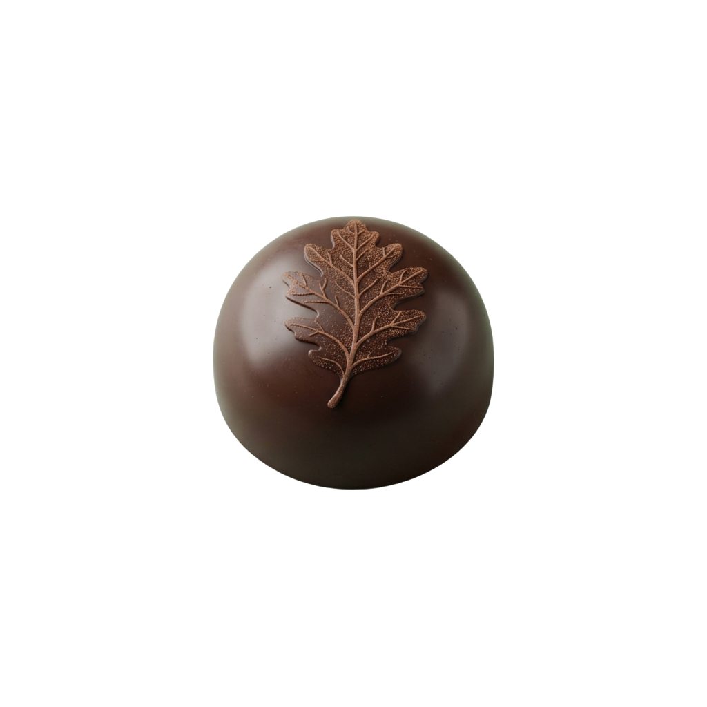 A round chocolate truffle with an embossed oak leaf design on its surface