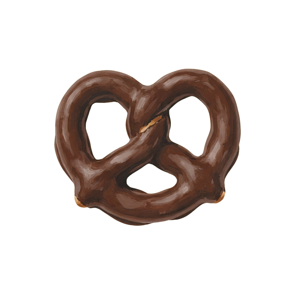 A dark chocolate pretzel twist on a black background